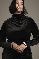 The Maya Ruched Cowl-Neck Dress: Velvet Long-Sleeve Edition