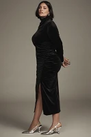 The Maya Ruched Cowl-Neck Dress: Velvet Long-Sleeve Edition