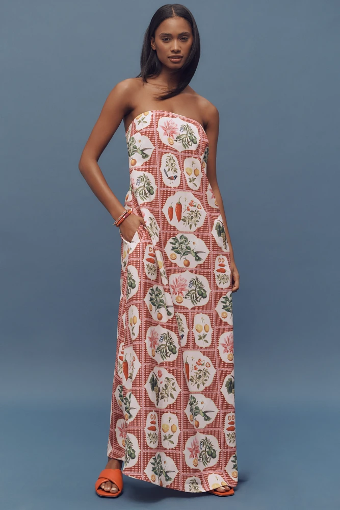 Palm. Noosa Alessia Pink Citrus Tile Crepe Strapless Midi Dress