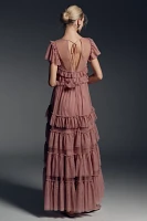 By Anthropologie Ruffle-Sleeve Tiered Tulle Midi Dress