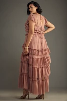 By Anthropologie Ruffle-Sleeve Tiered Tulle Midi Dress