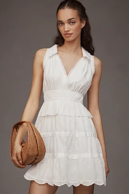 By Anthropologie Collared Halter Tiered Ruffled Mini Dress