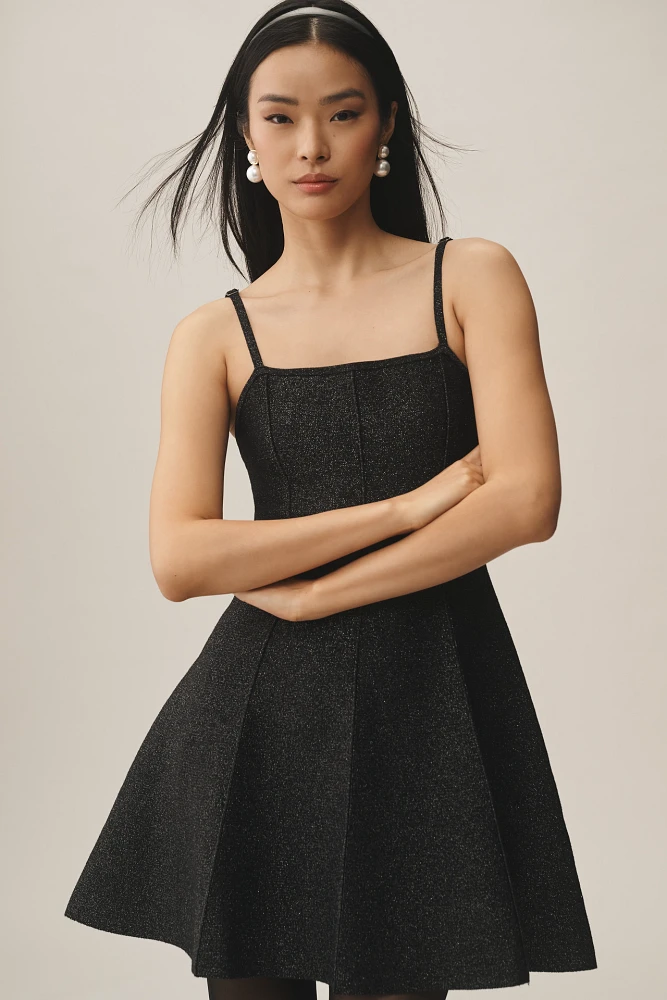 By Anthropologie Square-Neck Pleated A-Line Lurex Mini Sweater Dress