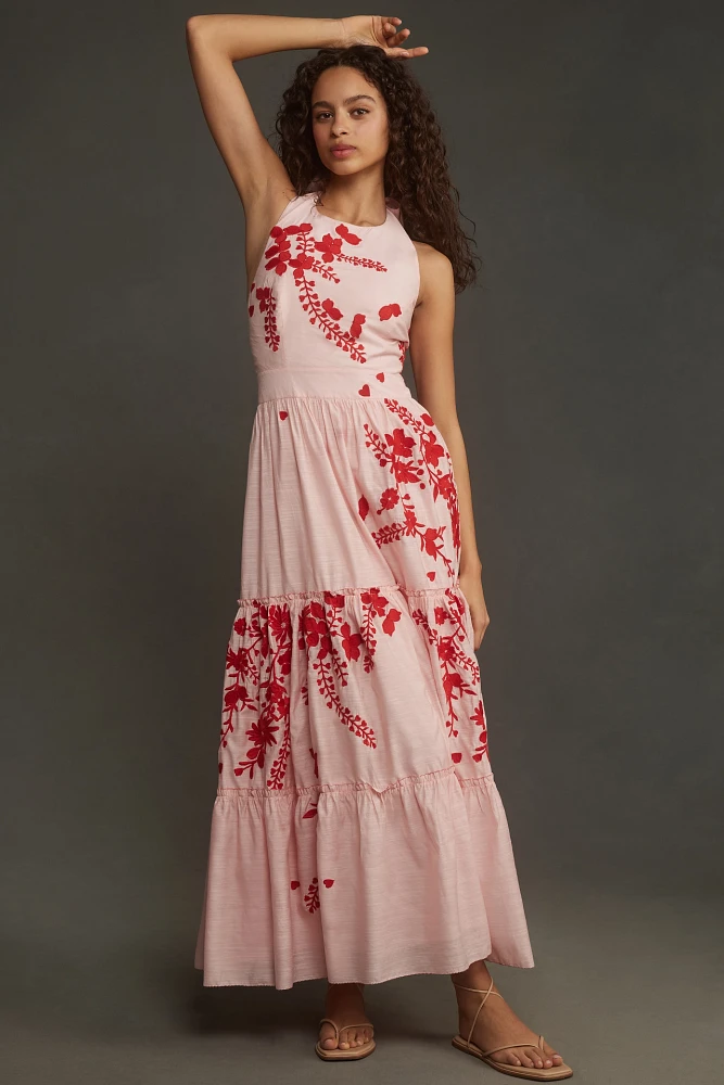 Let Me Be Halter Floral Embroidered Maxi Dres