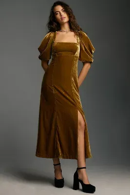 By Anthropologie Short-Sleeve Square-Neck Velvet Midi Dress