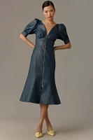 By Anthropologie Faux-Leather Puff-Sleeve Zip-Front Midi Dress