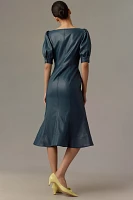 By Anthropologie Faux-Leather Puff-Sleeve Zip-Front Midi Dress