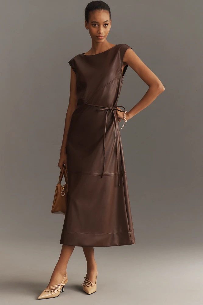 Maeve Sleeveless Faux-Leather Wrap Midi Dress