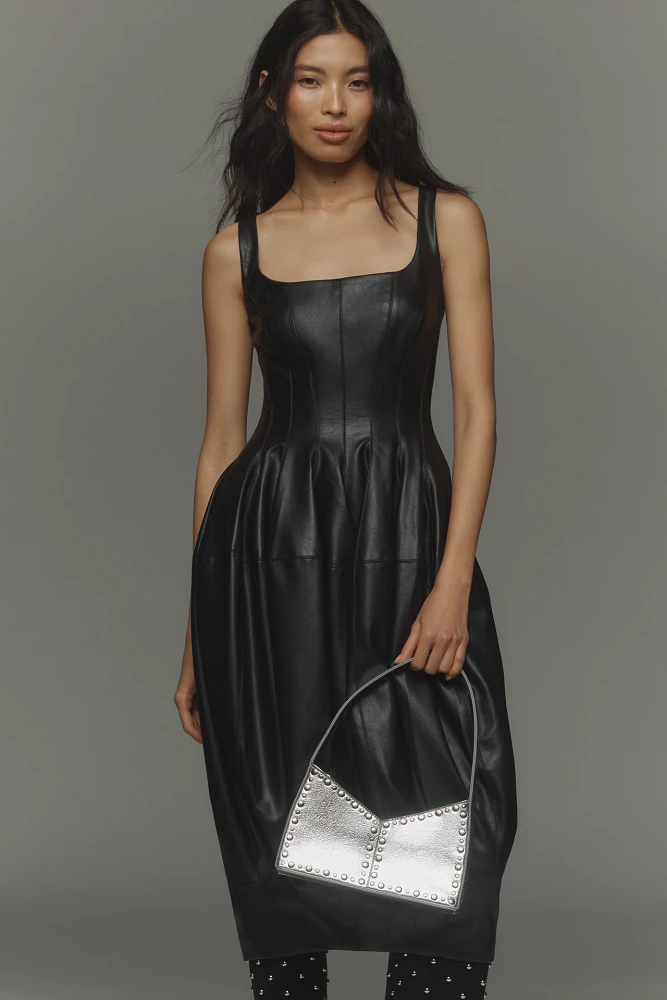 By Anthropologie Sleeveless Square-Neck Faux-Leather Midi Dress