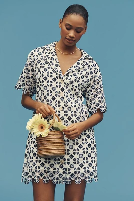 Maeve Short-Sleeve Geo Lace Mini Shirt Dress