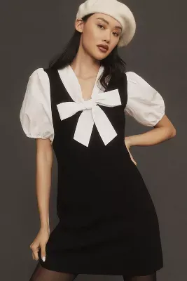 English Factory Short-Sleeve Bow-Neck Twofer Mini Dress