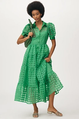 English Factory Organza Short-Sleeve Button-Front Midi Dress