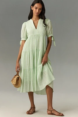 English Factory Short-Sleeve Gingham Tiered Midi Dress