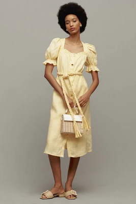 English Factory Puff-Sleeve Button-Front Linen Midi Dress