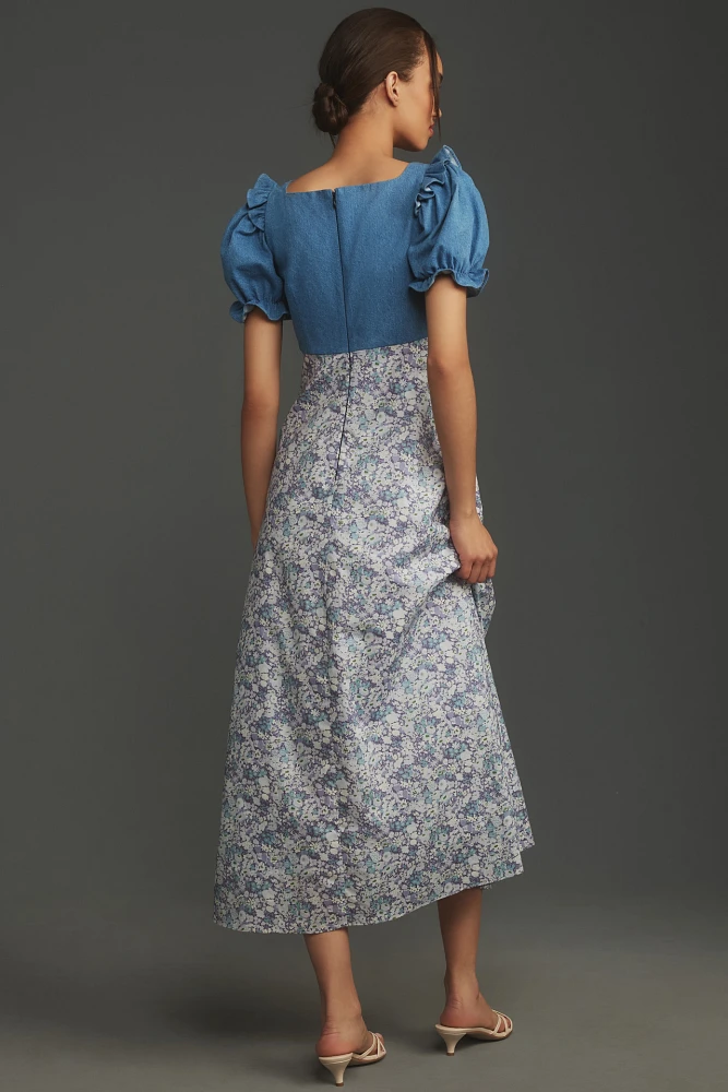 English Factory Short-Sleeve Denim Rosette Midi Dress