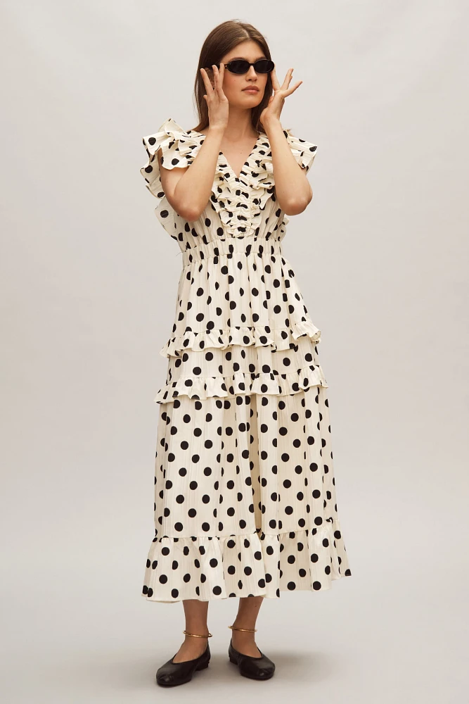 English Factory Ruffled Polka Dot Midi Dress