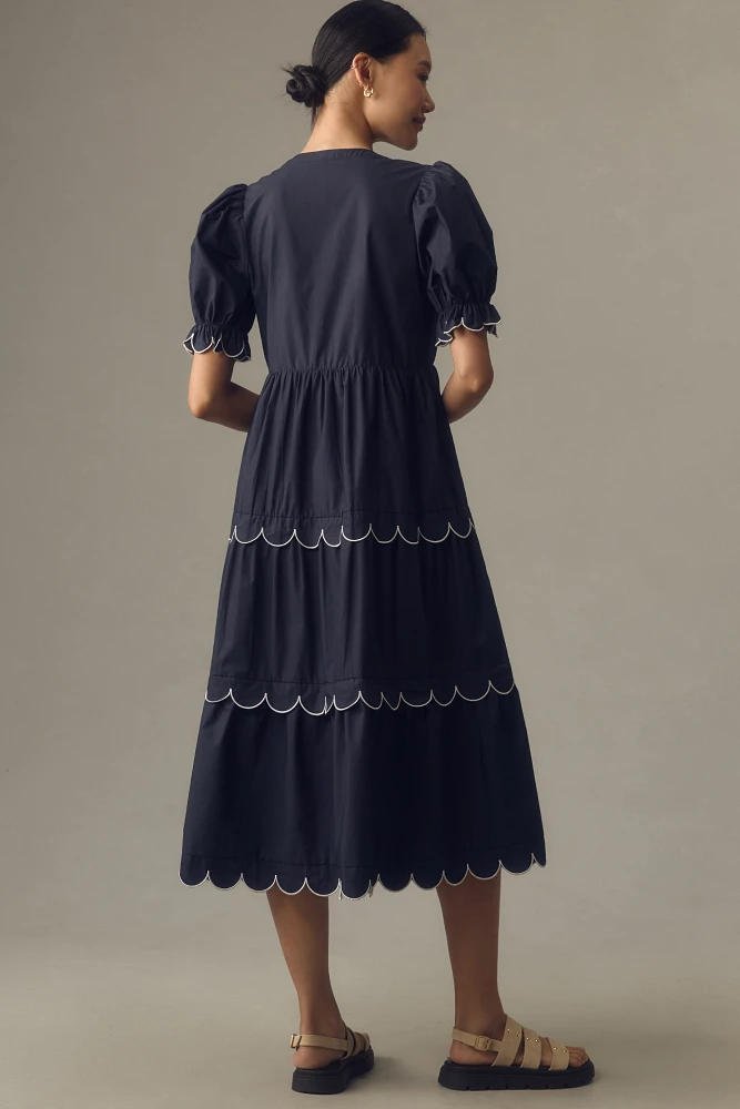 English Factory Short-Sleeve Scallop-Edge Midi Dress