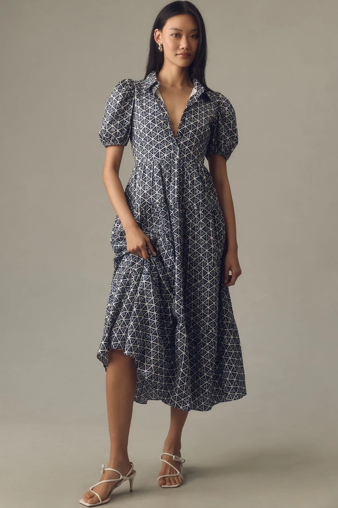 English Factory Puff-Sleeve Tiered Midi Shirt Dress