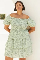 English Factory Plus Puff-Sleeve Smocked Tiered Dress