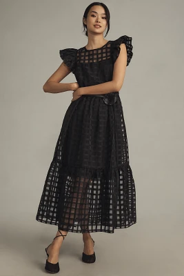 English Factory Flutter-Sleeve Sheer Gridded Midi Dress