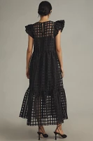 English Factory Flutter-Sleeve Sheer Gridded Midi Dress