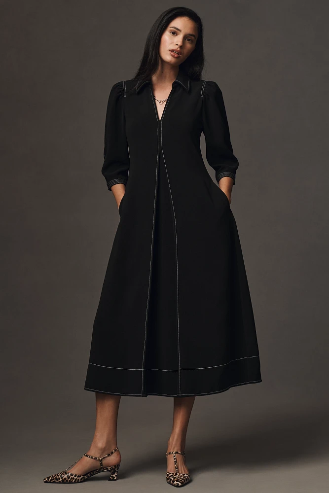 English Factory Long-Sleeve Collared Center-Pleat A-Line Midi Dress