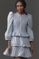 English Factory Puff-Sleeve Smocked Ruffled Mini Dress