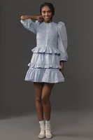 English Factory Puff-Sleeve Smocked Ruffled Mini Dress