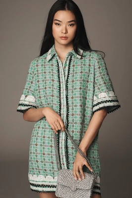 English Factory Short-Sleeve Beaded Mini Shirt Dress