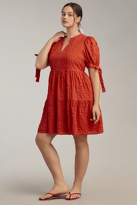English Factory Plus Puff-Sleeve V-Neck Tiered Mini Dress