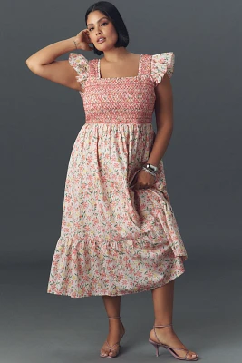 English Factory Plus Flutter-Sleeve Square-Neck Smocked Midi Dress