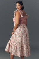English Factory Plus Flutter-Sleeve Square-Neck Smocked Midi Dress