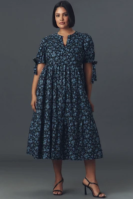 English Factory Plus Puff-Sleeve Tiered Floral Midi Dress