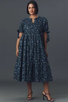 English Factory Plus Puff-Sleeve Tiered Floral Midi Dress