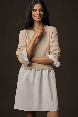 English Factory Linen Blend Long-Sleeve Sweater Twofer Mini Dress