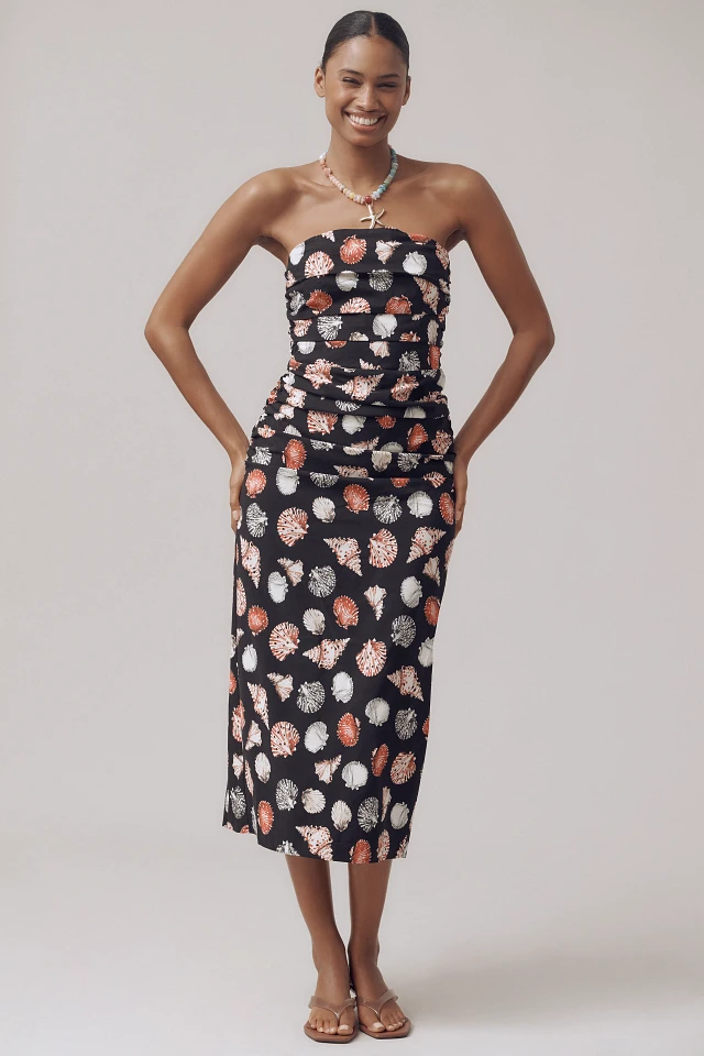 dress the population ferra strapless ruched fitted midi dress Dress The Population Heather Ruched Midi-Dress