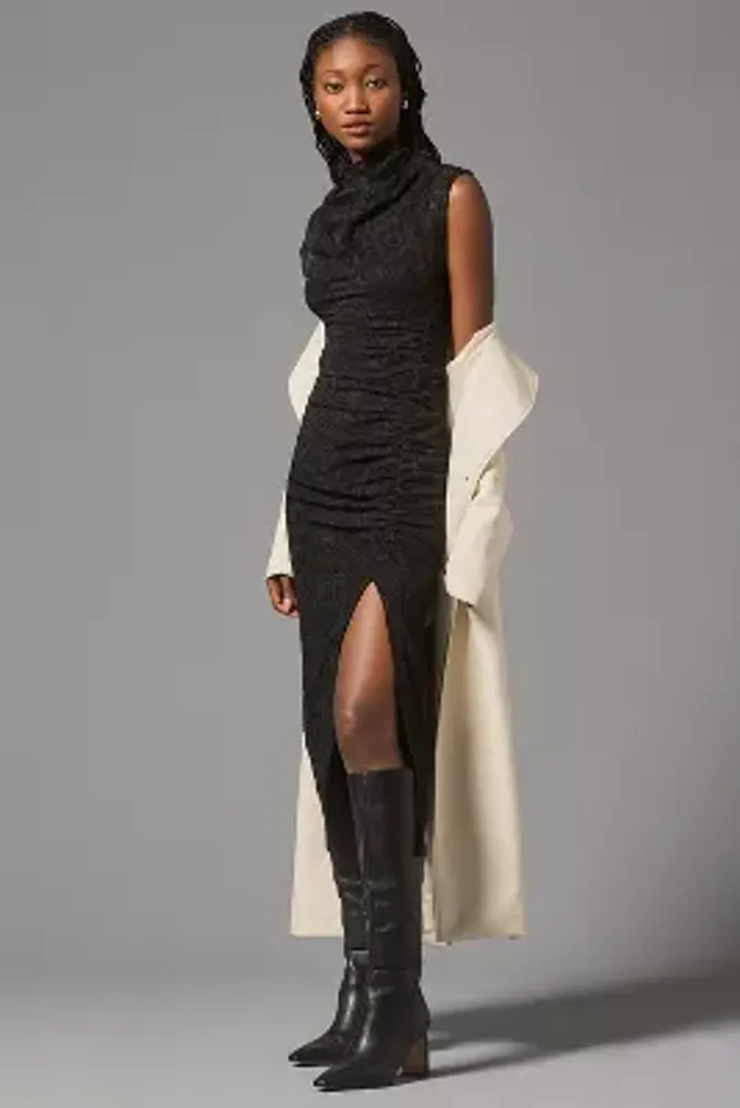The Maya Ruched Cowl-Neck Dress: Lace Edition