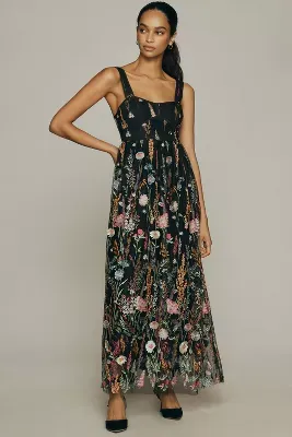 By Anthropologie Sheer Floral Embroidered Mesh Midi Dress
