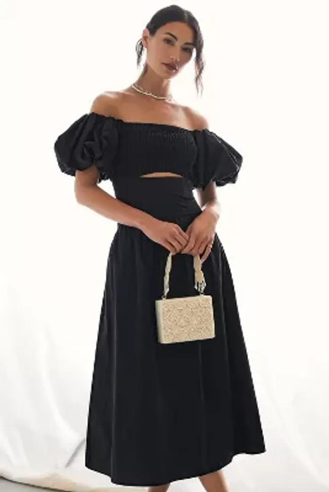 MACH & MACH Stretch Knit Maxi Dress With Cut Out Crystal Bow Sleeves in  Black | FWRD