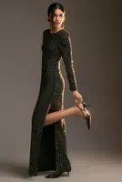 ML Monique Lhuillier Long-Sleeve Rhinestone Maxi Dress