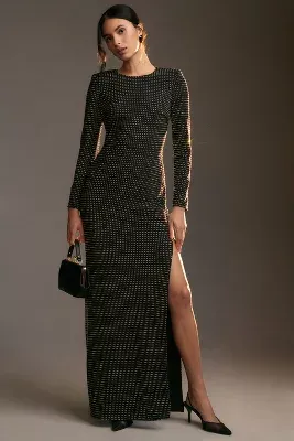 ML Monique Lhuillier Long-Sleeve Rhinestone Maxi Dress