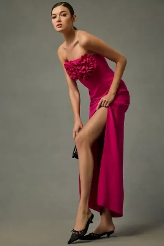 ML Monique Lhuillier Gemma Ruffle Strapless Thigh-Slit Crepe Gown