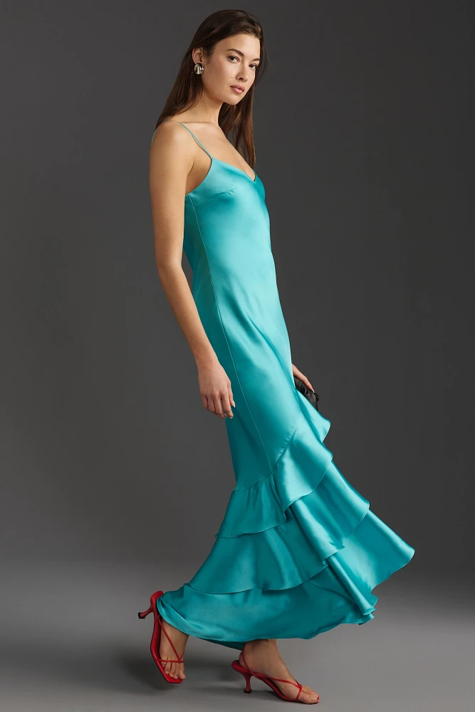 ML Monique Lhuillier Lenora Satin Ruffle Maxi Dress