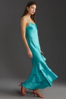 ML Monique Lhuillier Lenora Satin Ruffle Maxi Dress