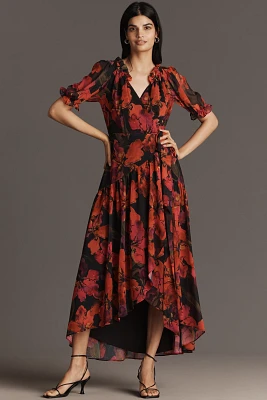Hutch Bethany Puff-Sleeve V-Neck Wrap Maxi Dress