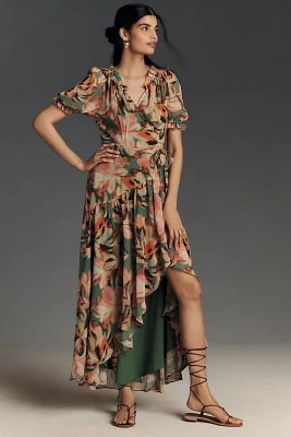 Hutch Bethany Puff-Sleeve V-Neck Wrap Maxi Dress