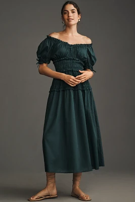 Hutch Short-Sleeve Off-The-Shoulder Smocked Midi Dress
