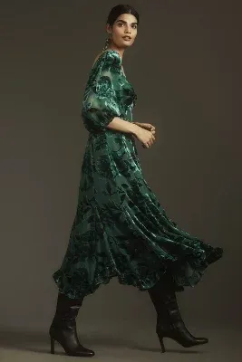 Hutch Printed Twist-Front Puff-Sleeve Velvet Dress