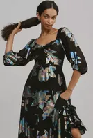 Hutch Puff-Sleeve Twist Iridescent Midi Dress