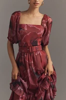 Hutch Puff-Sleeve Square-Neck Belted Tiered Ruffled Maxi Dress